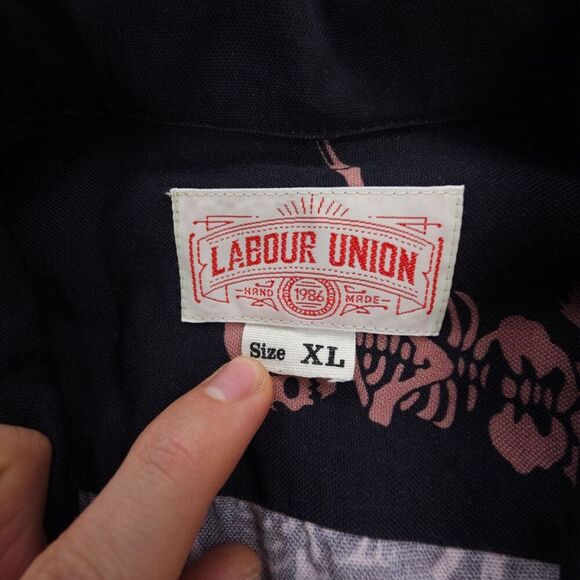LABOUR UNION 1986 Long Sleeve Button Down Shit Novelty Skeleton Print Black - Picture 2 of 7